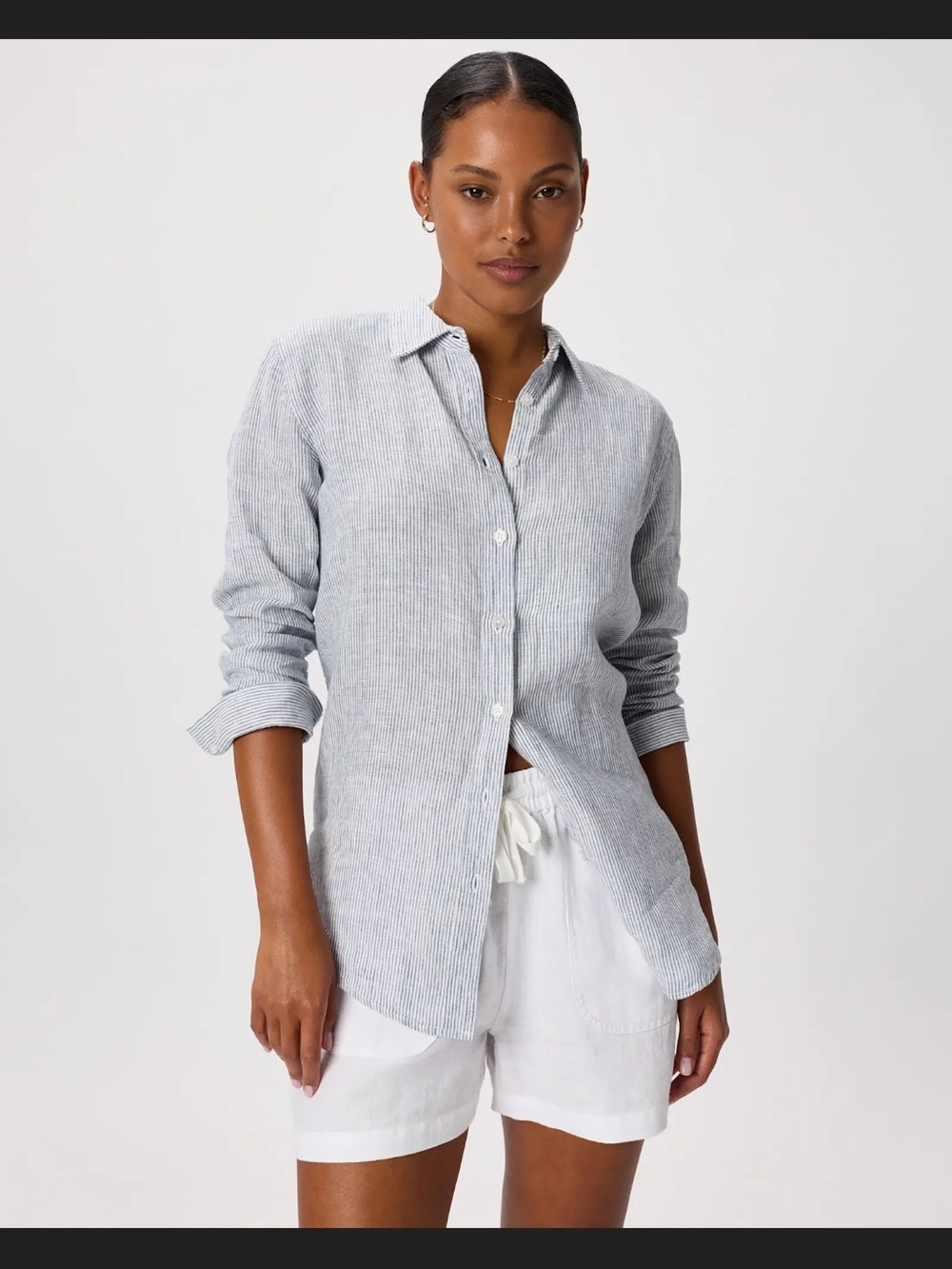 Quince 100% European Linen Long Sleeve Shirt in a Blue/Grey and White Pinstripe